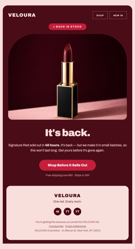 E-mail back in stock VELOURA